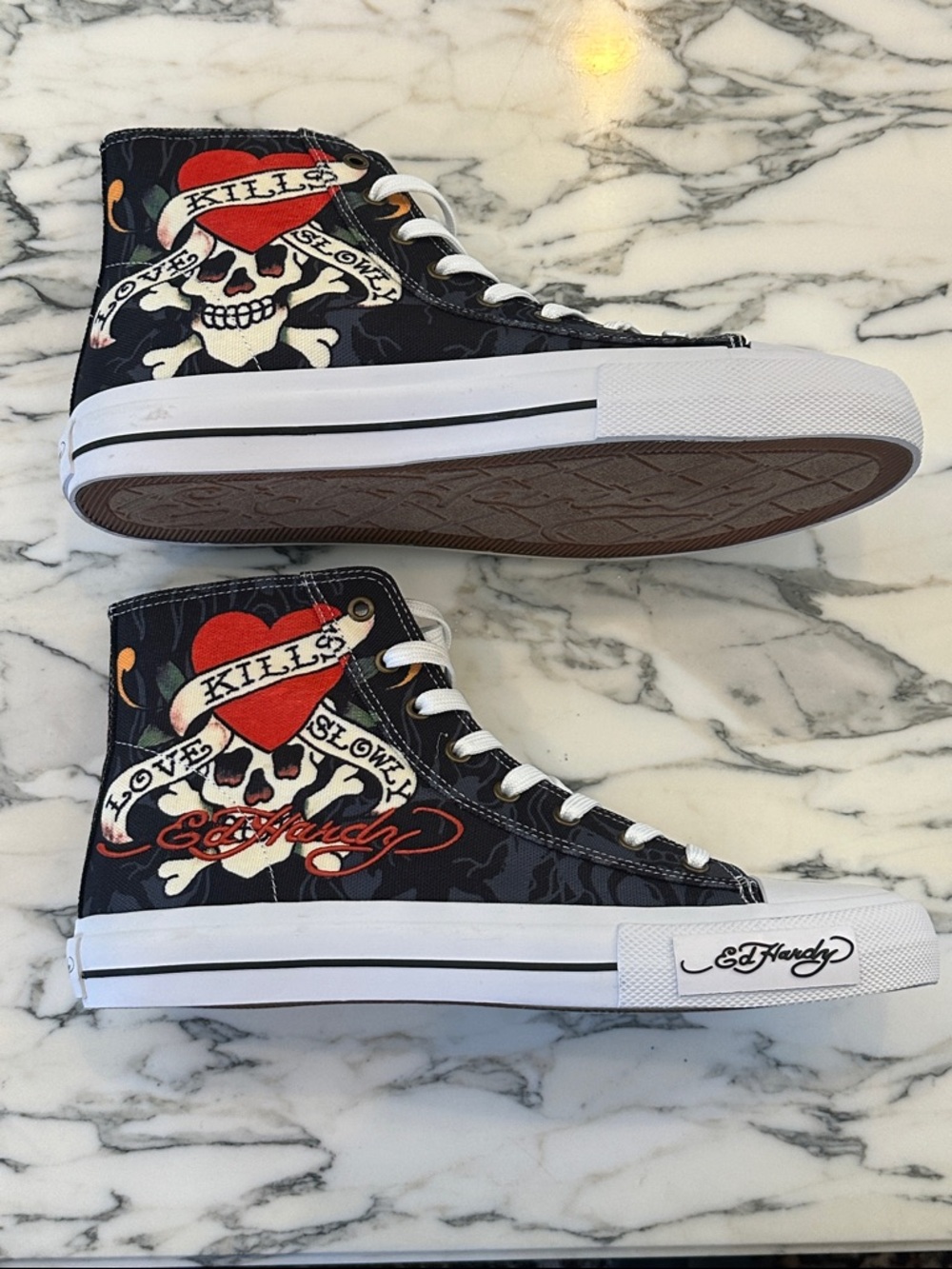 Ed Hardy Converse High Top Sneakers Love Kills Slowly Tattoo Skull Heart NWOB 11